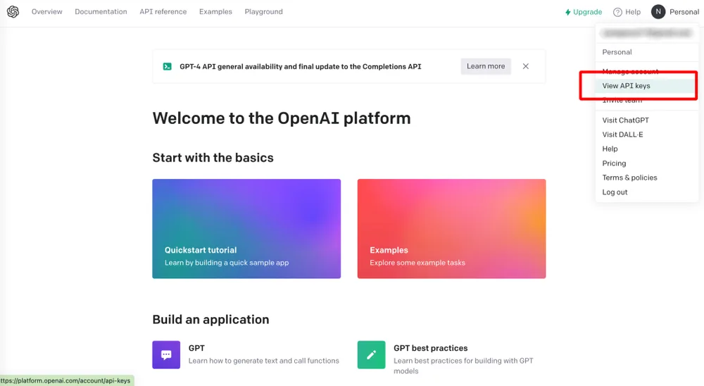 OpenAI APIキーの取得方法の画面