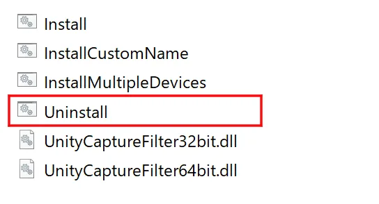 6.「UnityCapture」内の「Uninstall」をクリックの画面