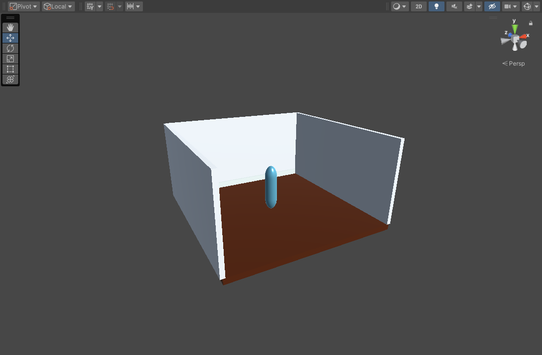 UnityのSceneビューに表示したBase Room。床と3面の壁、中央の青いアバター位置の目安が見える