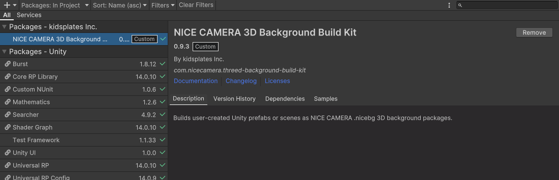 Unity Package ManagerでNICE CAMERA 3D Background Build Kit 0.9.3を選択。Universal RP 14.0.10も一覧に表示されている